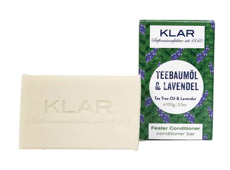 klar-seife-fester-conditioner-1-teebaumoel-lavendel-vegan-plastikfrei-palmoelfrei