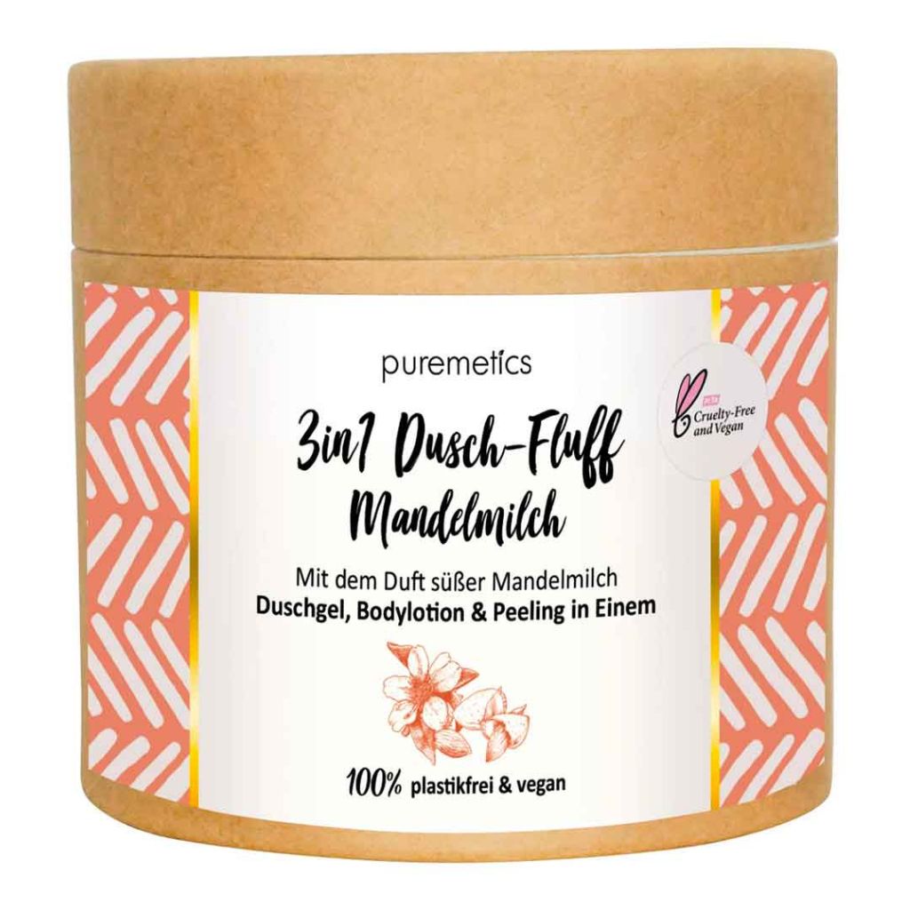 puremetics naturkosmetik duschfluff mandelmilch vegan